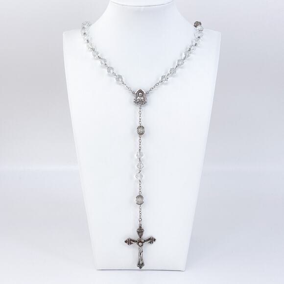 Vintage AP Sterling Silver 925 INRI Clear Crystal Rosary Necklace 29" - Picture 1 of 6